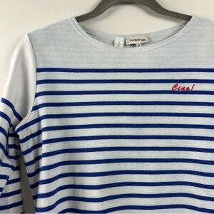 Armor-lux Ciao! Blue White Stripe Boat Neck 3/4 Sleeve Shirt Embroidered Ciao!